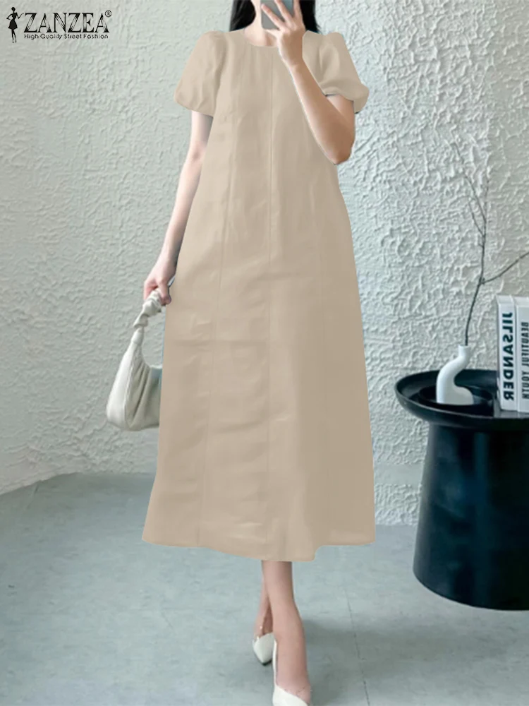 ZANZEA Summer Elegant O Neck Short Puff Sleeve Dresses Women Stylish Party Work Sundress Casual A Line Solid Loose Vestidos 2025