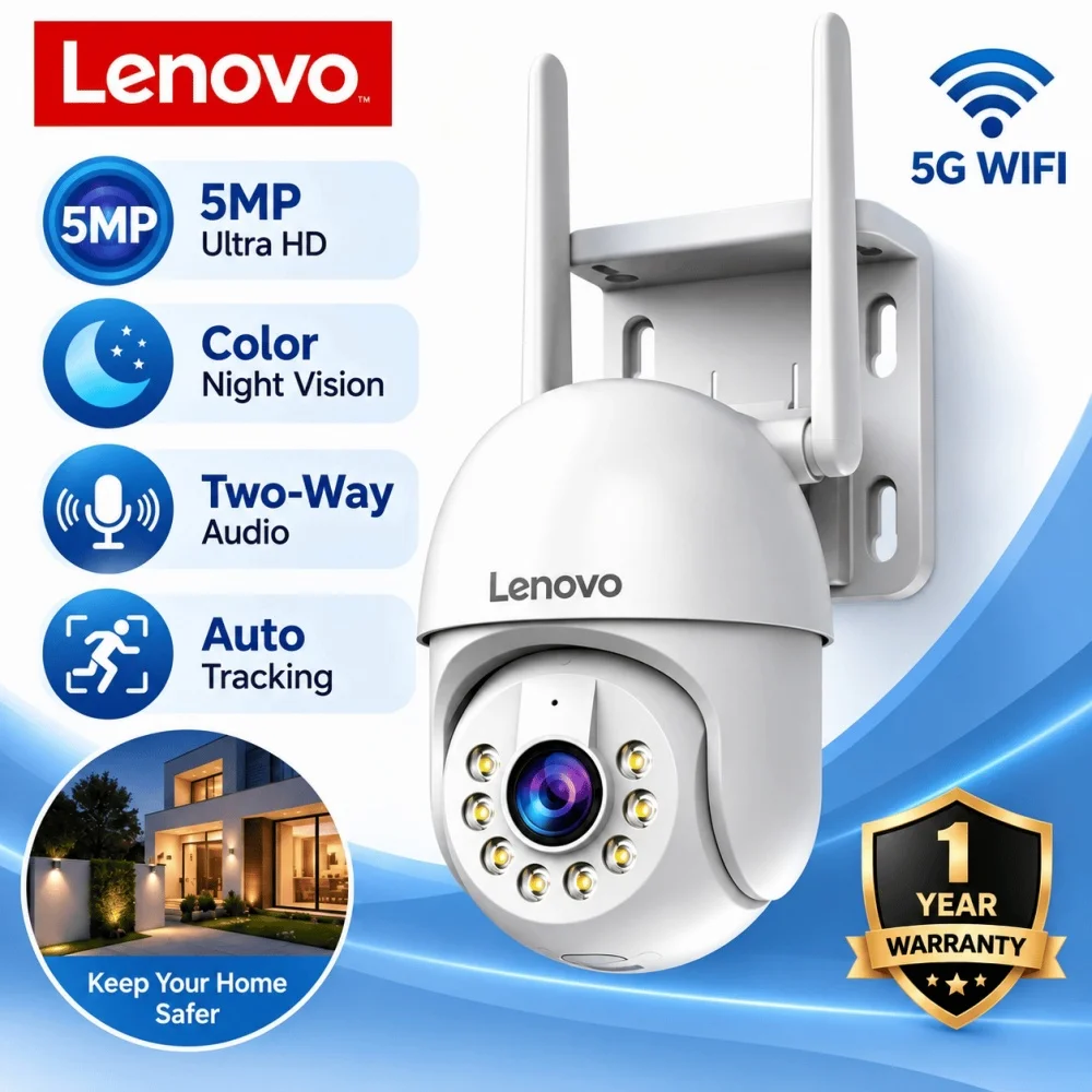 Lenovo 5MP 5G Wifi IP Camera Outdoor Security Camera Auto Tracking Color Night Vision Two-way Audio CCTV Video Surveillance Cam