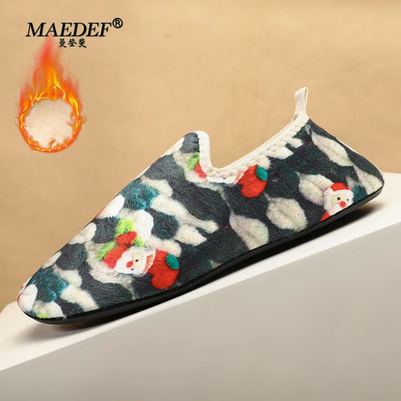 MAEDEF Men Winter Warm Indoor Slip-on Cotton Shoes Christmas Gift for Men Women Plush Slides Soft Home Shoes Leisure Flats Shoes