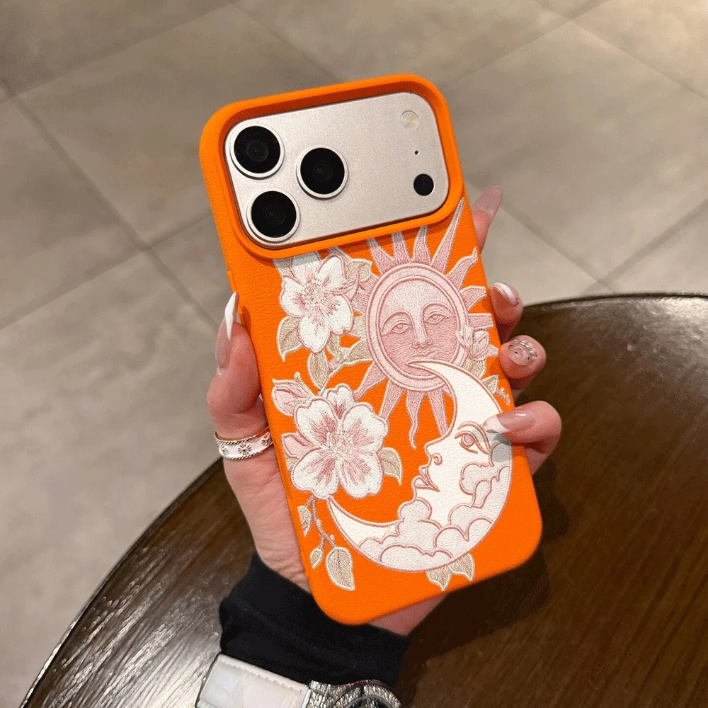 Embroidered Sun Moon Phone Case For iPhone 17 16 15 14 13 12 11 Pro Max 16 15 14 Plus 17 16 15 Pro 17Air XR Silicone Matte Cover