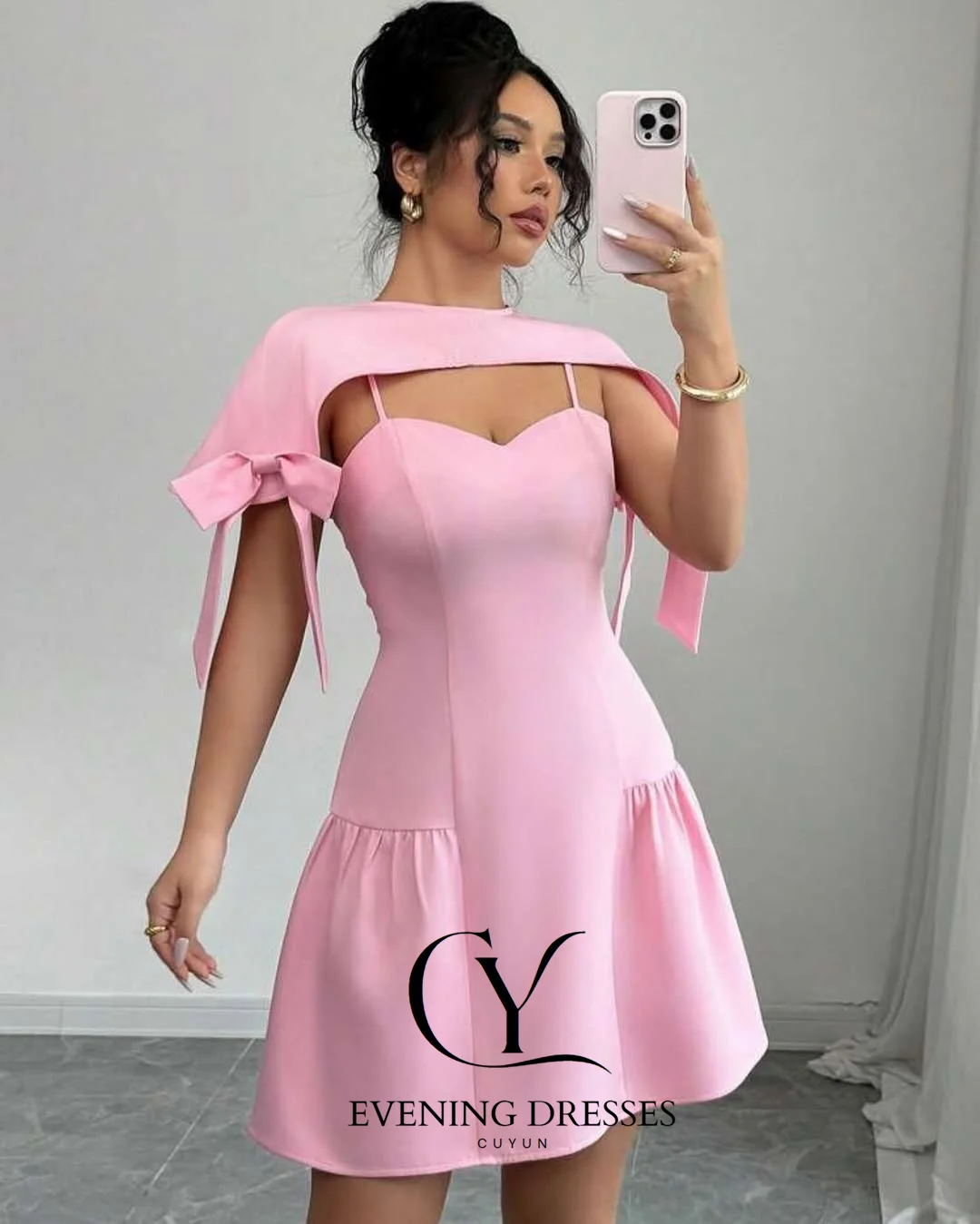 CUYUN Mini vestidos de fiesta de color rosa, vestido de fiesta corto con tirantes finos y bufanda, vestidos de fiesta de línea A personalizados 2026