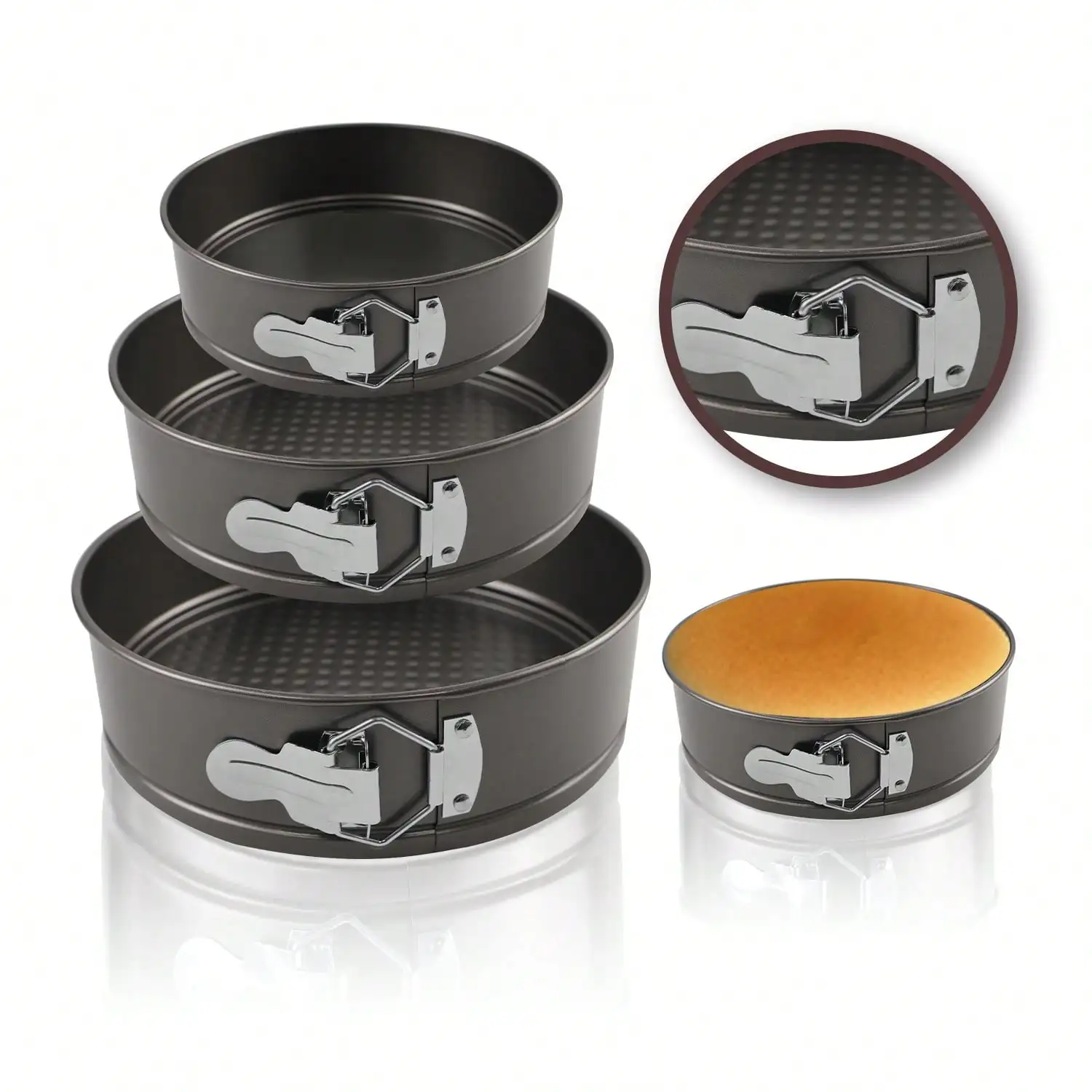 

3-Piece Springform Pan Set (4/7/9"). Nonstick leakproof, removable bottom—round cake tins for cheesecake baking.