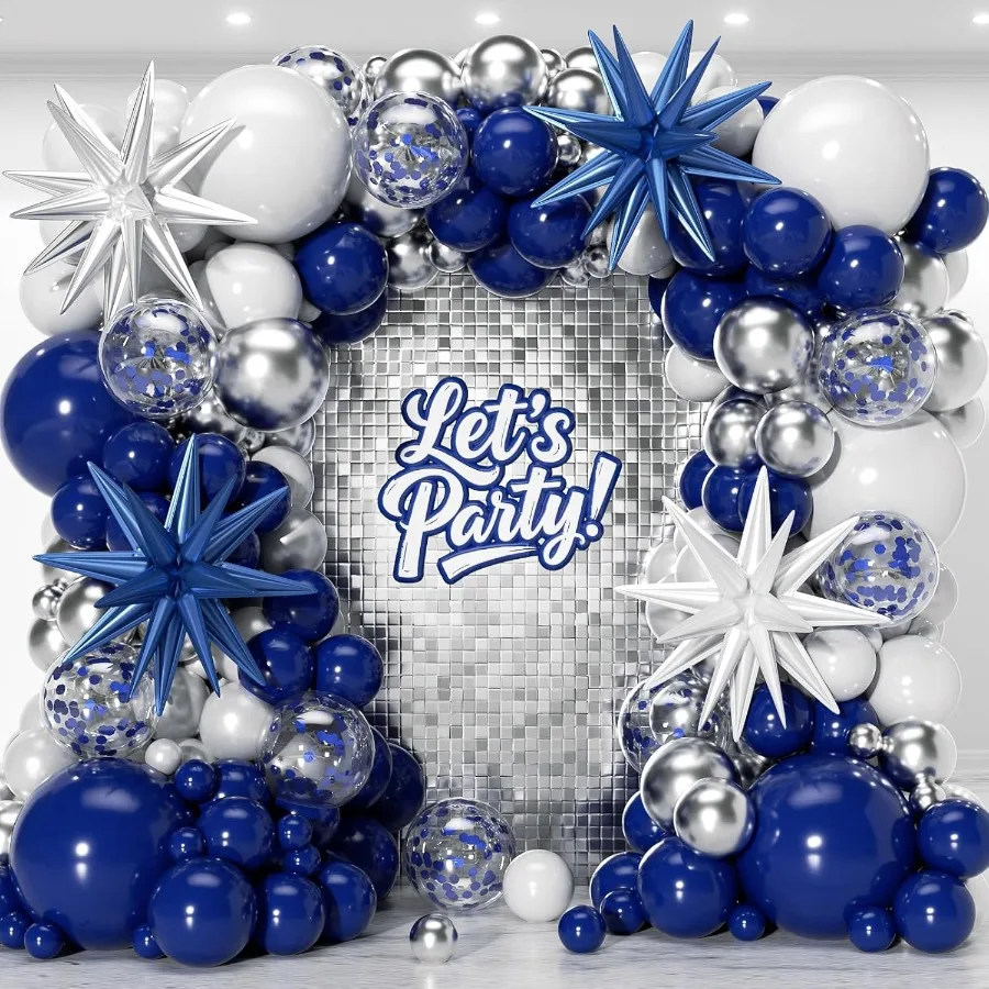 153Pcs Navy Blue and Silver Balloons Garland Arch Kit with Sta 22 18 12 10 5 inch Different Size Royal Blue White Silver Latex
