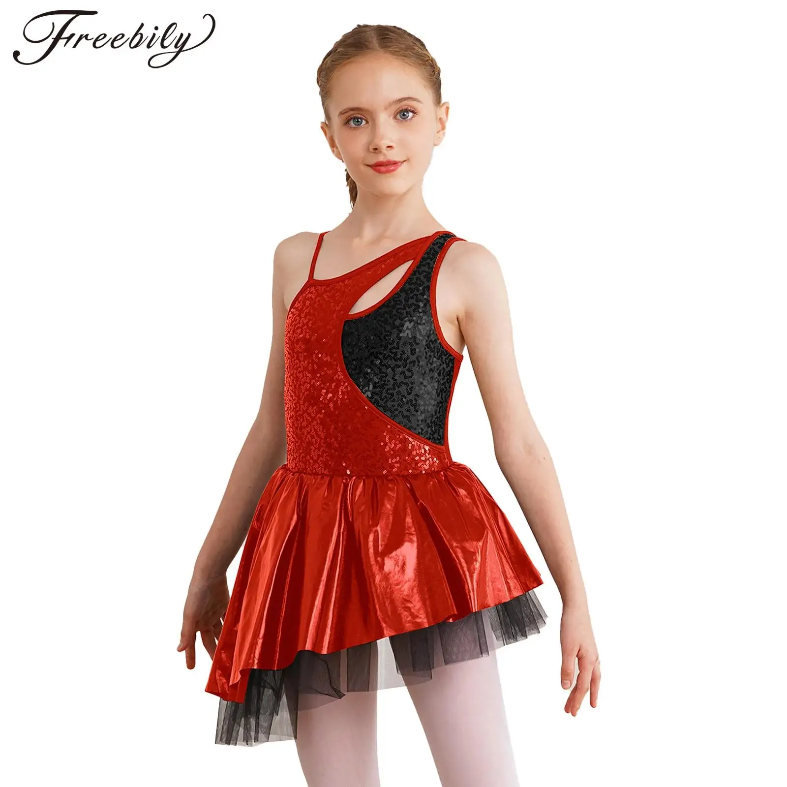 Kids Girls Shiny Sequin Ballet Dance Tutu Dress Gymnastics Leotard Sparkle Stage Performance Dance Costume Ballroom Dancewear