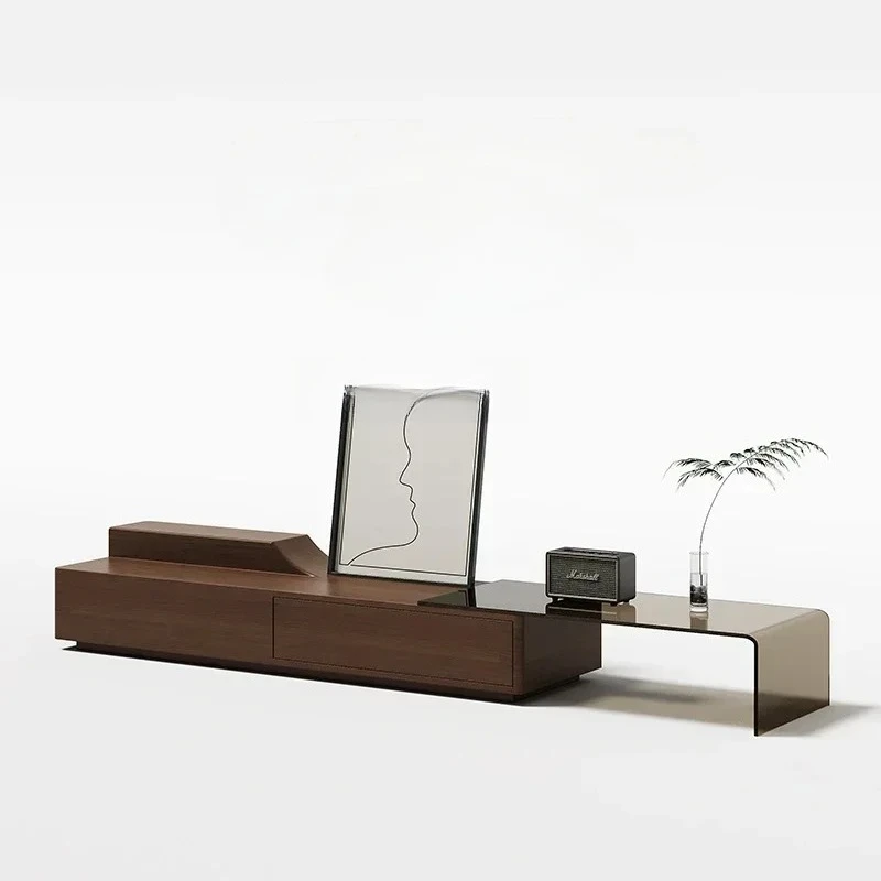 TV Cabinet And Tea Table Combination Solid Wood Living Room Floor Cabinet Floor Italian Minimalist Retractable Glass