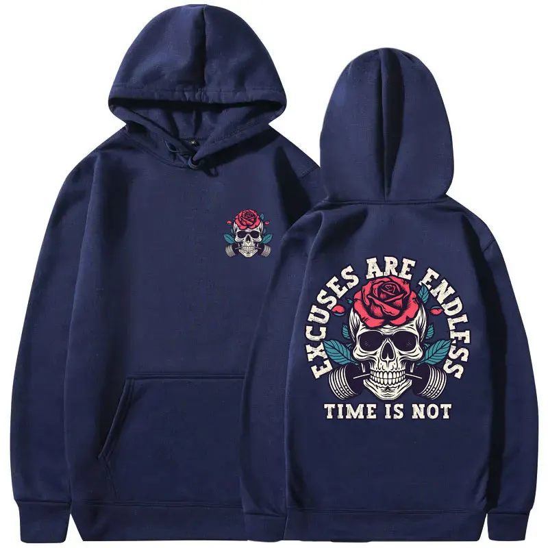 Excuses Are Endless Time Is Not Gym Pump Cover Hoodie Men Women Gym Fitness Pullover Hoodies Male Funny Skeleton Print Tracksuit