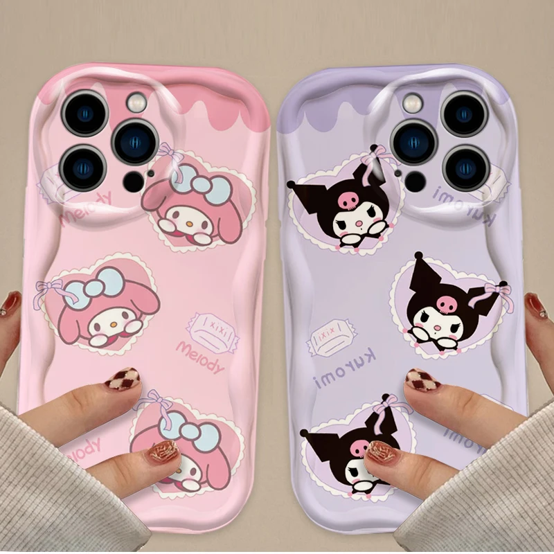 Lindo Sanrio Heart Melody Kuromi ﻿ Funda de silicona Wave para iPhone 17 Air 16 15 14 Plus 13 12 11 Pro Max X XS XR SE 2020 7 8