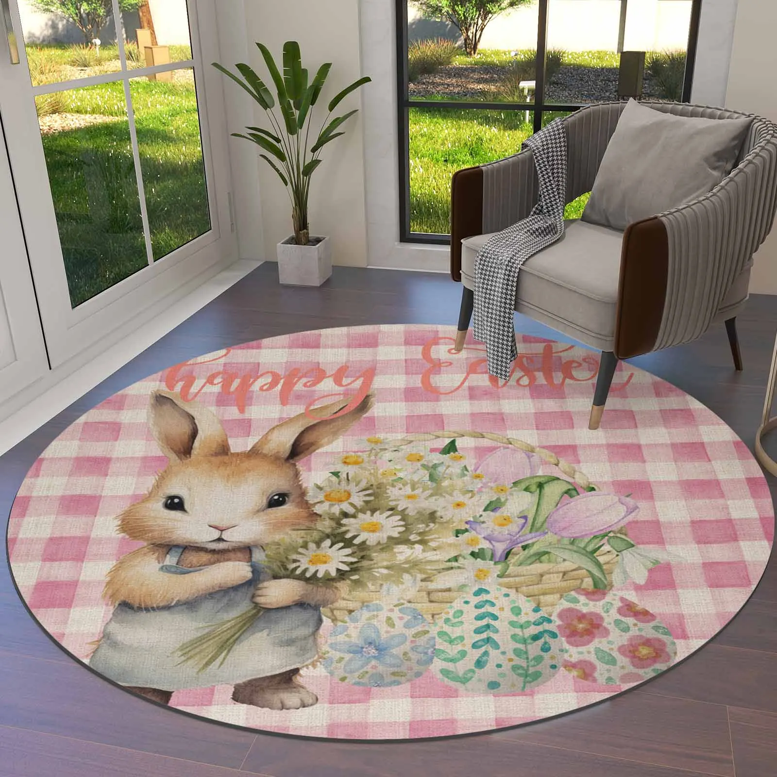 Easter Rabbit Flower Egg Plaid Pattern Round Area Rug Carpets For Living Room Large Mat Home Bedroom Kid Room Decoration