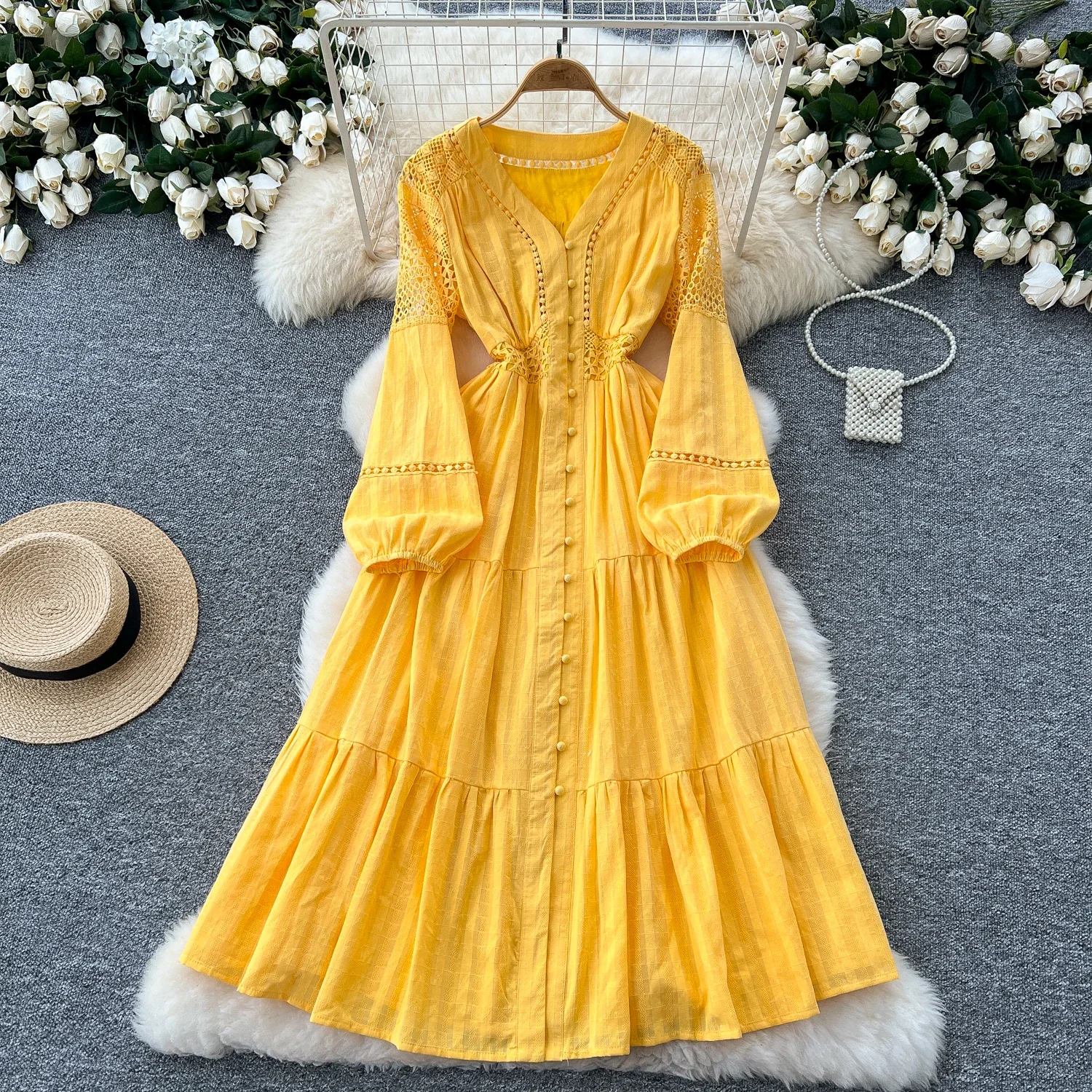 Elegant Long Puff Sleeves Vintage V-neck Chic Hook Flower Hollow Slim Dresses French Fashion Evening High Street Autumn Clothing