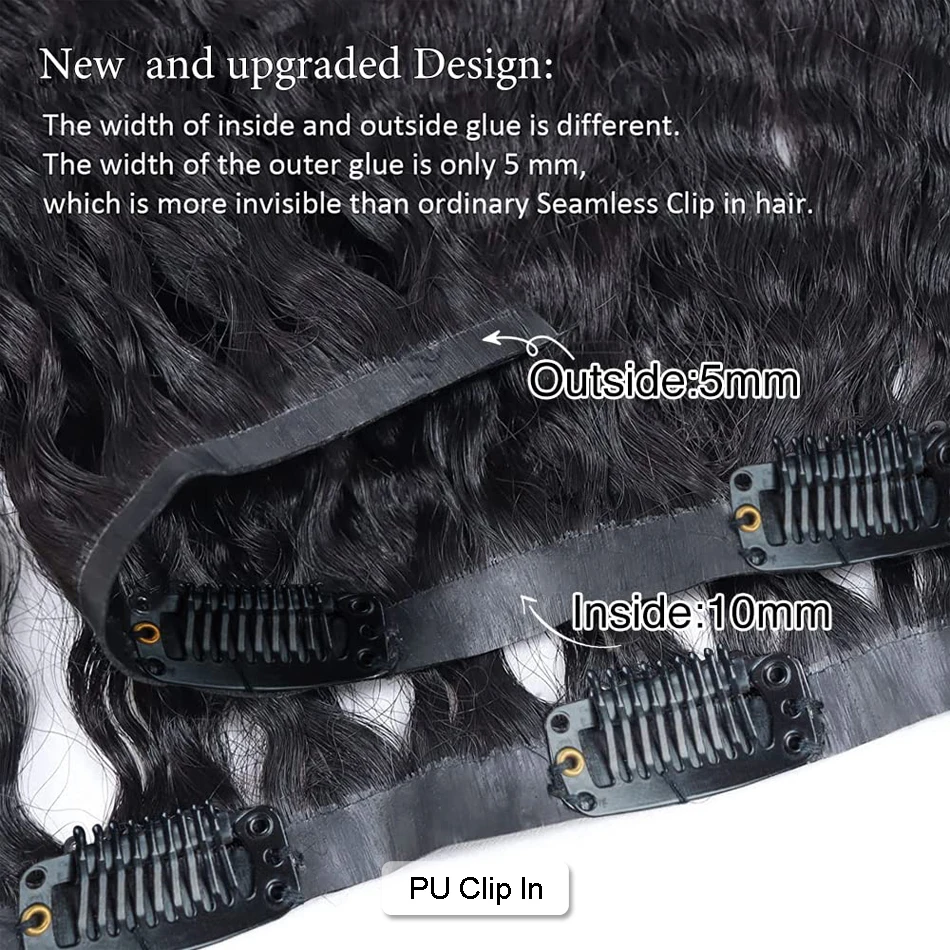 PU Clip In Hair Extensions Human Hair Water Wave Burmese Weft Clip Ins Extensions Curly 120g/140g/240g 8Pcs/10Pcs/Set