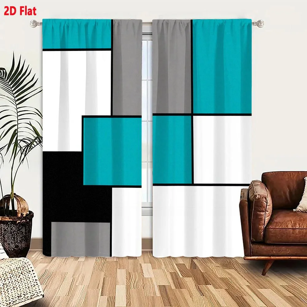 2Pcs Curtains 2D Flat Geometric Abstract Composition With Teal White Gray Black Rectangles Overlapping Blocky Pattern Window Dra