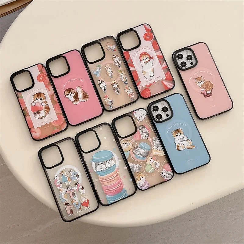 

Cute Dessert Cat 2.0 Acrylic Black Border Magnetic Phone Case Cover for IPhone 12 13 14 15 Pro Max Case