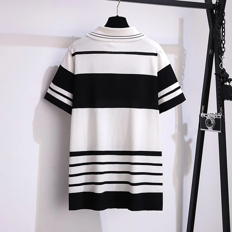 New 2023 Summer Plus Size Knit Tops For Women Large Short Sleeve Slim Elastic Black White Stripe T-shirt 4XL 5XL 6XL 7XL 8XL 9XL