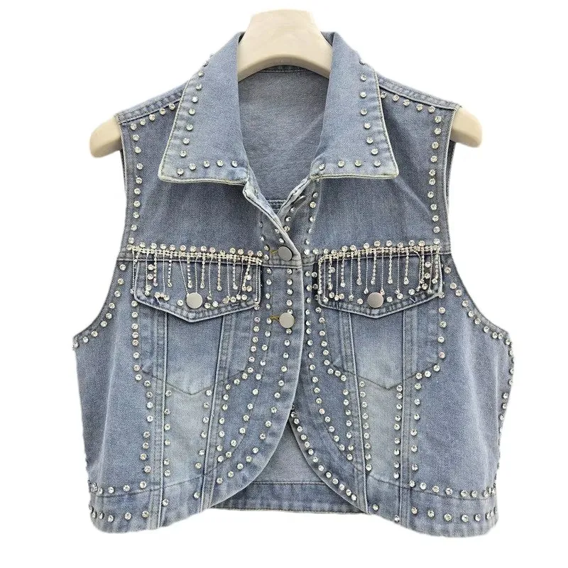 Heavy Work Diamond Chain Tassel Blue Slim Short Denim Vest Spring Summer Women Lapel Single-Breasted Sleeveless Cowboy Waistcoat