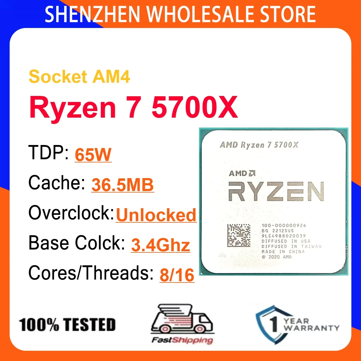 AMD Ryzen 7 5700X 8-Core 16-Thread 7NM 3.4GHz/4.6GHz L3=32MB 105W CPU Gaming Proce Socket AM4 DDR4 NEW No Cooler No Fan