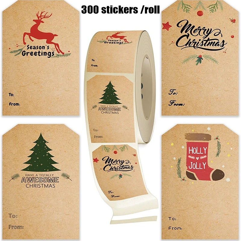 300Sheets Cartoon Cute Christmas Gift Tags Stickers Christmas Tree Elk Label Stickers Creative DIY Decoration Stickers Gifts