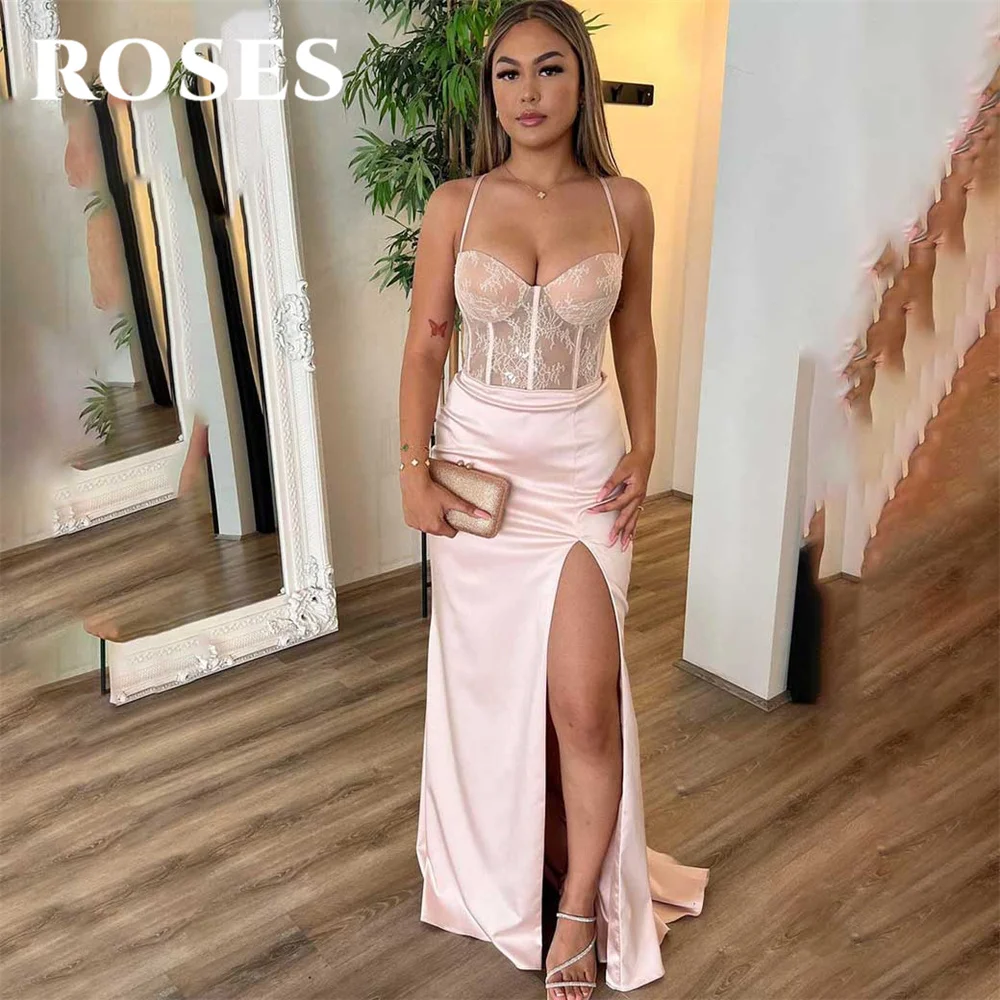 

ROSES Pink Evening Gown Halter Sleeveless Trumpet Satin Party Dresses with Pleats Satin High Side Slit فستان سهرة Prom Dresses