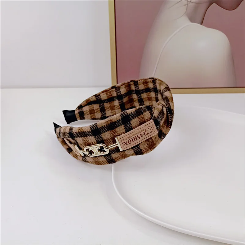 British Bear Plaid Crossed Hair Accessories Headbands For Women High Quality Retro Coffee Brown English Plaid Hair Band Scrunchy