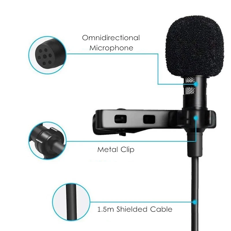 Micrófono de solapa condensador mini portátil de 1.5m con clip, cable USB A, jack 3.5mm y tipo C para móviles, Mac y laptops 2