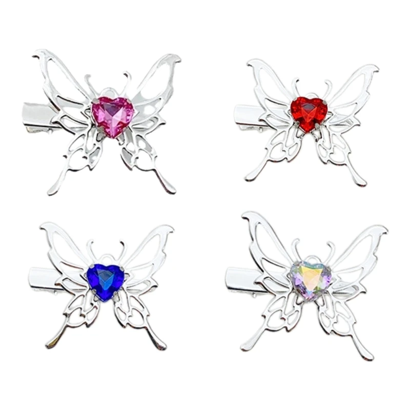 Metal Butterfly Hair Clip with Crystal Heart Women Hair Styling Side Clip for Thin Hair Korean Electroplate Barrettes