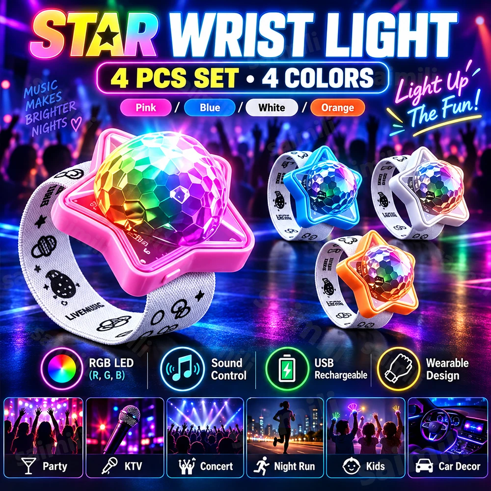 4PCS Star RGB Disco Wrist Lamp Wearable & Detachable Multi‑Light‑Modes Rechargeable Projector Light For Festival Dance Party Bar