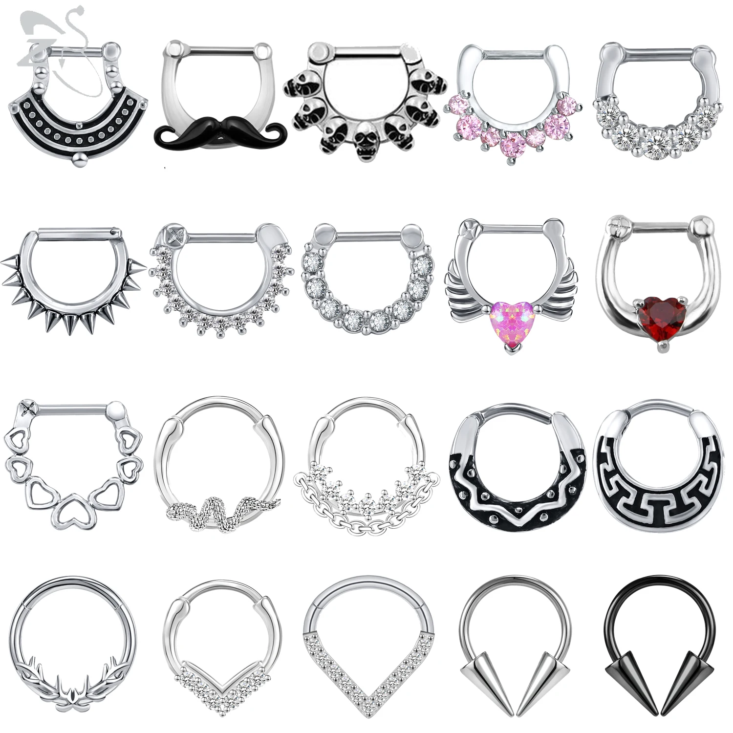 ZS 1PC 16G Copper Zircon Nose Ring Snake Skull Antlers Septum Clicker Stainless Steel Nose Piercings Helix Daith Tragus Pierings