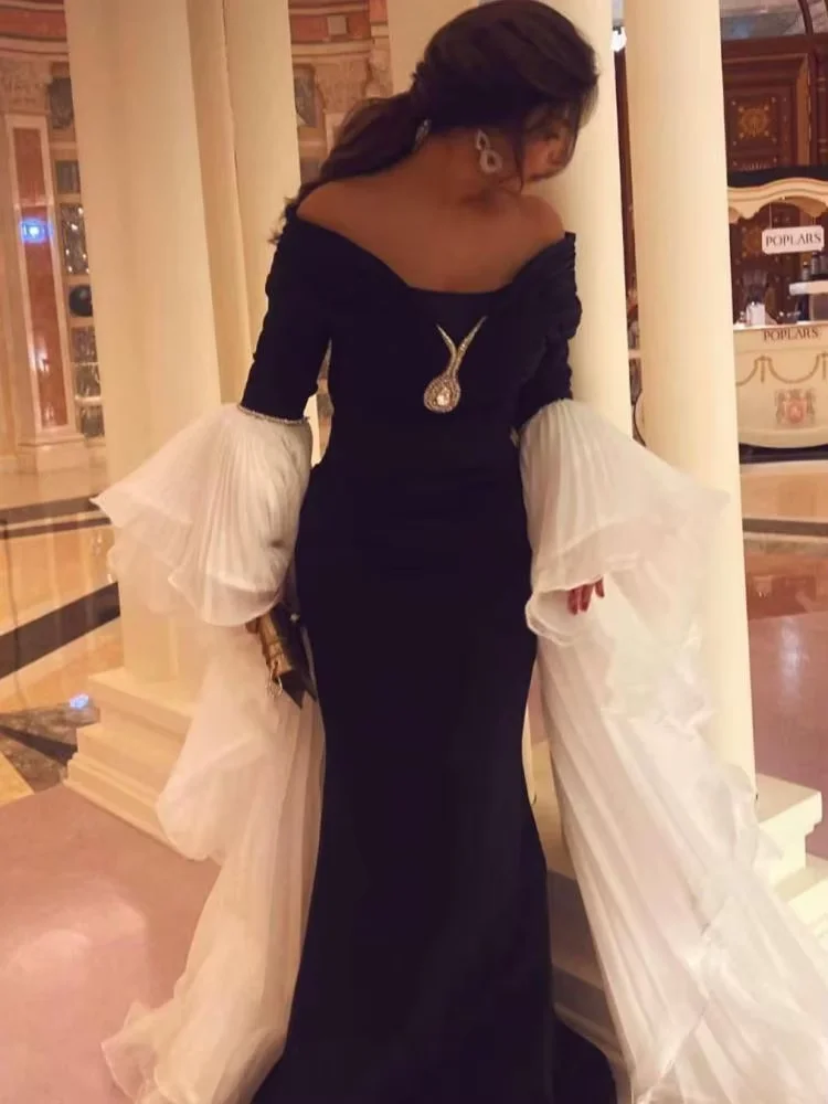 

Oisslec Black Mermaid Prom Dresses Contrast Color Pleats Long Sleeves Evening Party Dress for Saudi Arabia Women Wear Vestidos