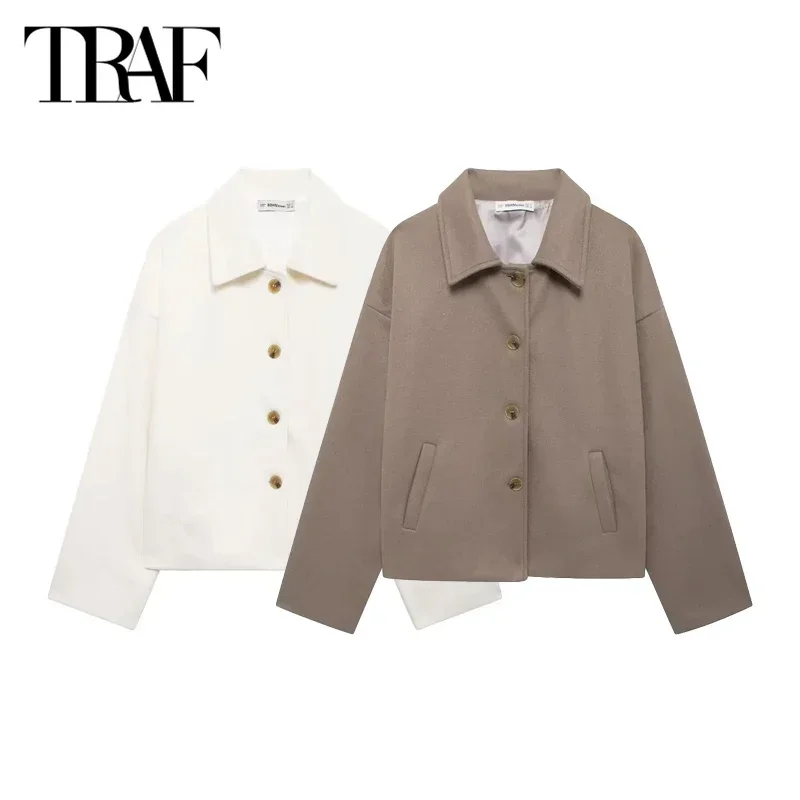 

TRAF 2024 Women Cropped White Jacket Outerwear Wool&Blend Autumn Winter Long Sleeve Short Coat Ladies Fashion Camel Loose Coat