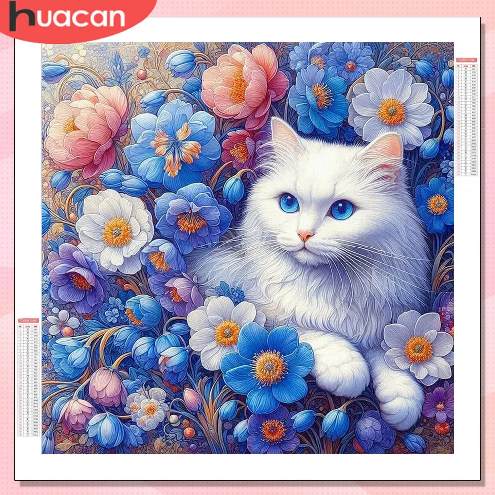 HUACAN Diamantmalerei Katze Tier Vollquadratische Runde Diamanten Mosaik Blume Heimwandkunst Dekoration Handarbeiten