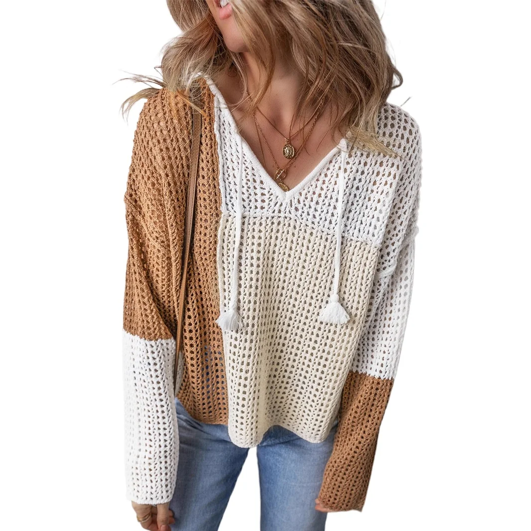 

Foreign trade cross-border hot sale autumn new V-neck women's European and American casual color matching hollow sweater women