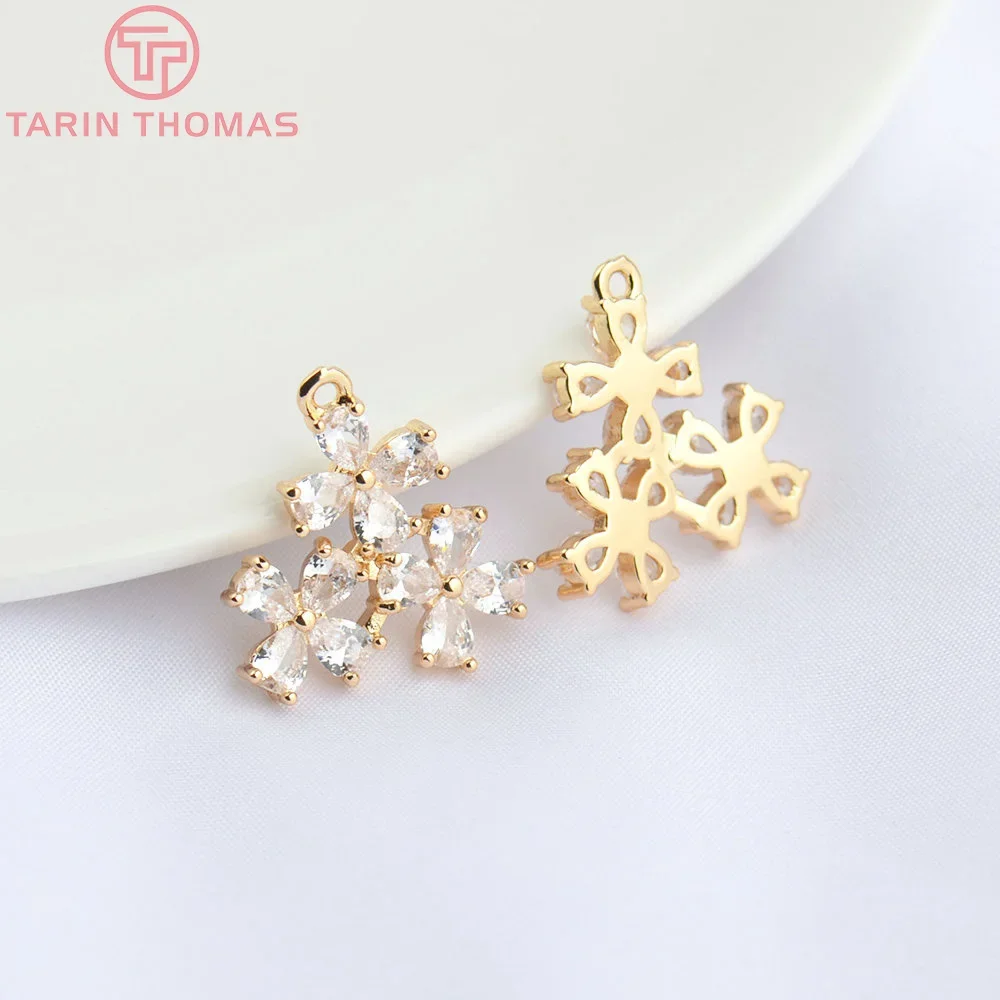 (4825) 6PCS 18x7.5MM 24K Champagne Gold Color Brass with Zircon Three Flowers Pendants High Quality Jewelry Making Findings