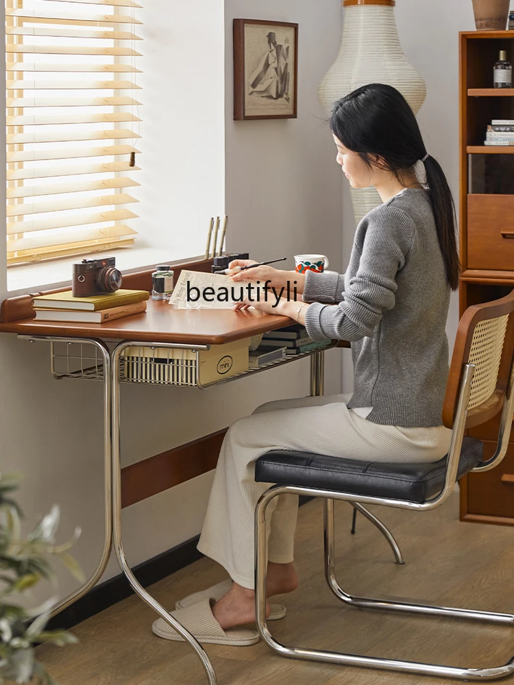 Mesa antiga de madeira maciça para casa, mesa simples de computador, aço inoxidável nórdico, mesa de escritório de apartamento pequeno, estilo retro