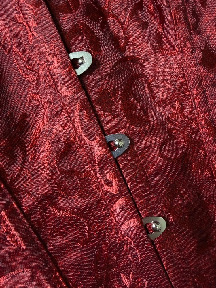 Weinrotes Overbust-Korsett aus Jacquard, trägerlos, mit Rüschen vorne, Schnürung hinten, tailliert, für Party- und Clubwear – Detail 8