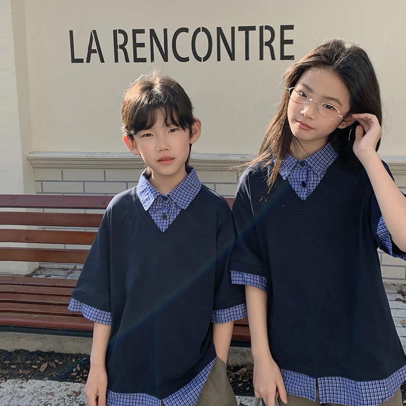 Korean Vintage Preppy Style Double Layered Half Sleeve Shirt For Boys Girls School Uniform Blouse Kids Children Twins Tops 2-11Y