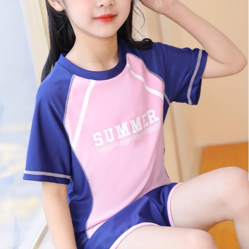 Girls Swimsuit 2 Piece Sets Summer Beach Breathable Bathing Suit Short Sleeve Swimwear with Swimming Trunks