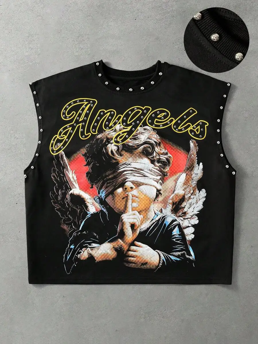 Hip-hop Street Loose Men's Summer Sleeveless Vest Fashion Retro American Graffiti Print Casual Y2K Rivet Design T-shirt Hehe