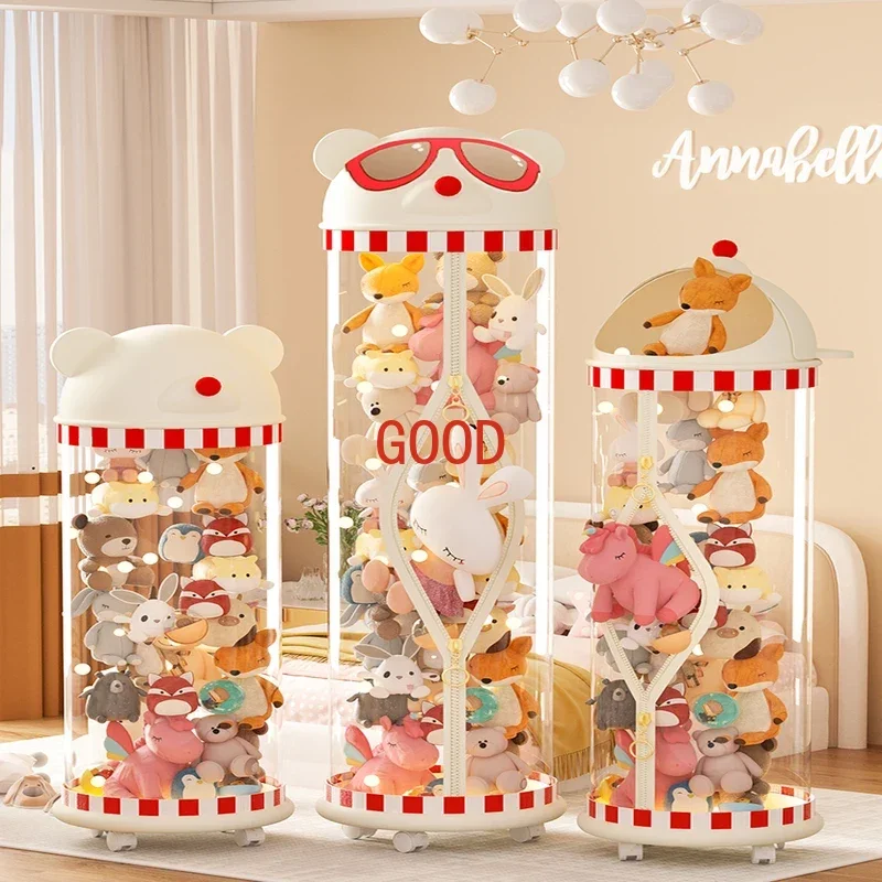 

New Set up Zipper Plush Doll Storage Basket Dustproof Doll Storage Bucket Transparent Basket Tube Artifact for Kids 2024