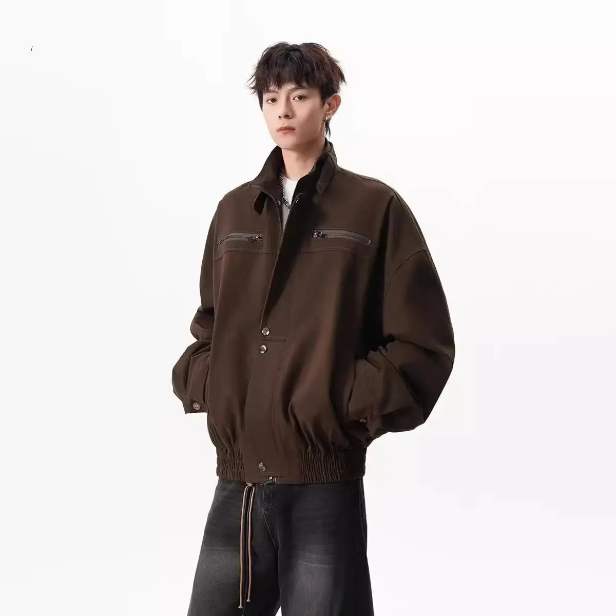 

American Barn Sle Loose Casual Vintage Stand Collar Workwear Jaet Men's Autumn Versatile Trendy Outerwear Polyester Cotton