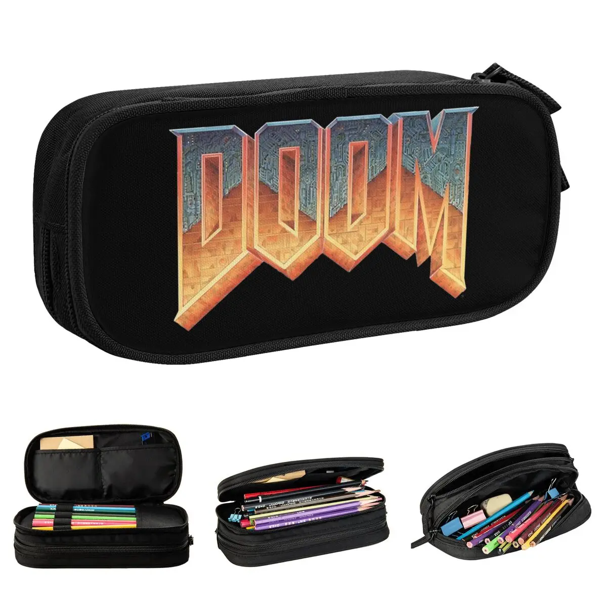 Large-capacity Pencil Case Shooting Game DOOMs Retro Logo 1993 Office Accessories Double Layer Pen Case Women Make Up Bag