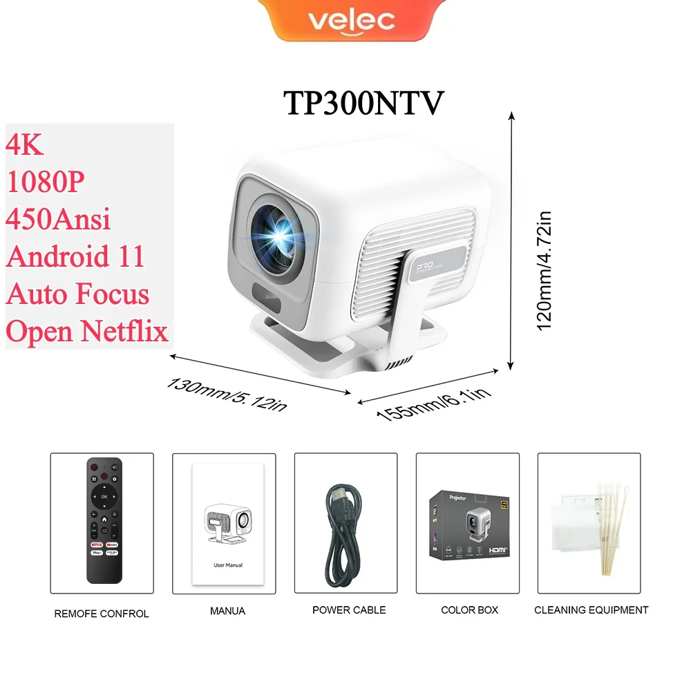 

Velec 4K LED Projector Netflix Certification 1080P Auto Focus WIFI6 BT5.4 Android Projector Portable Home Theater Projector