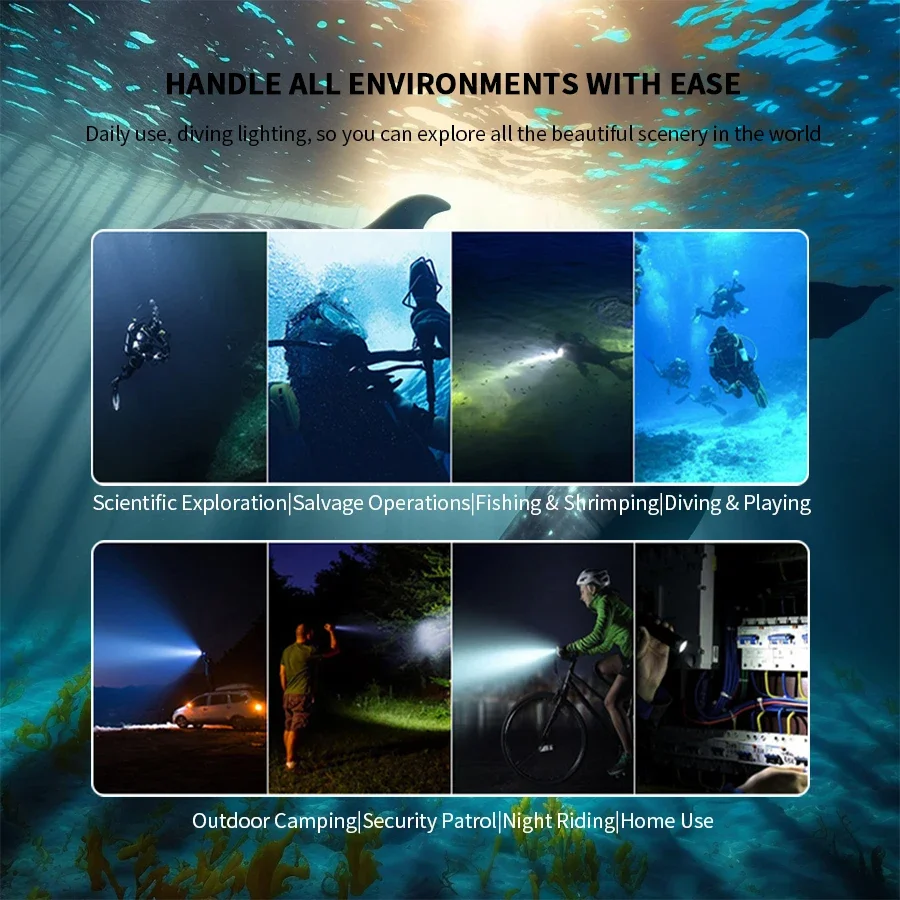 Professional LED Diving Flashlight Strong Light Underwater Torch with Metal Clip IPX8 Waterproof Scuba Dive Flashlamp Catch Fish