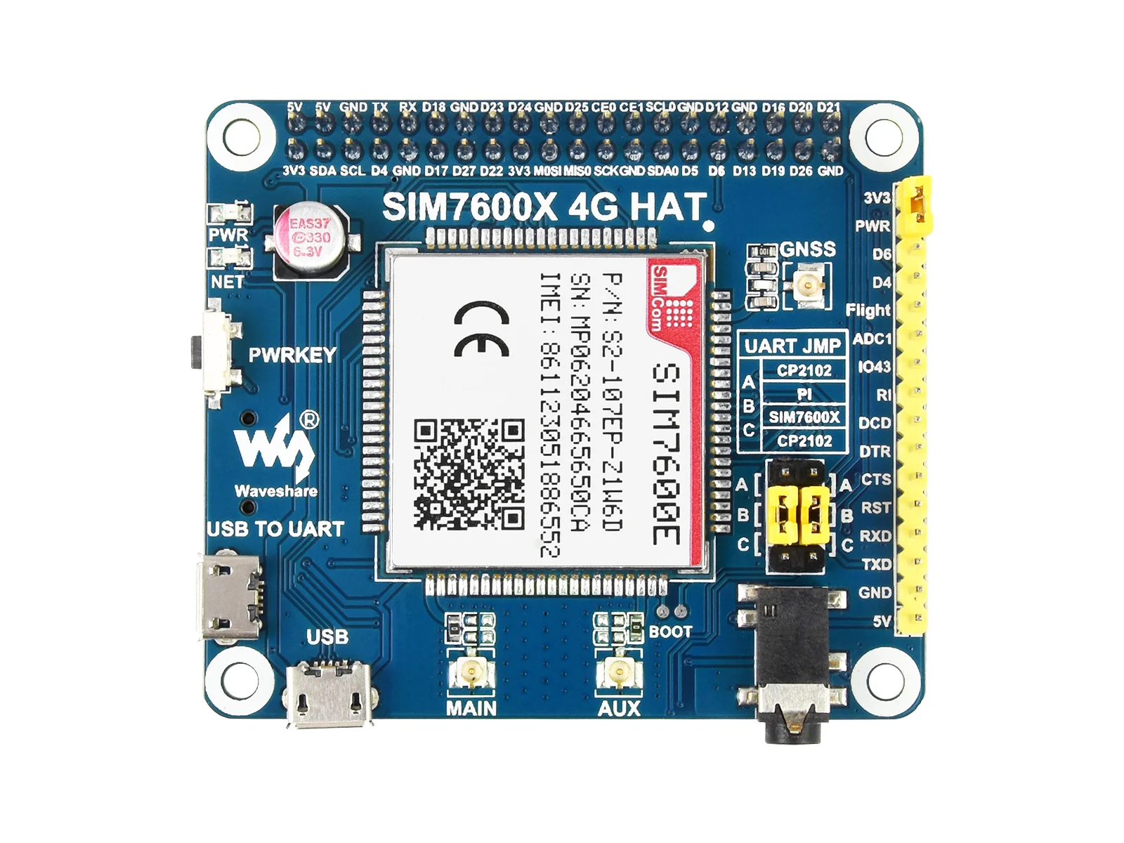 SIM7600E LTE Cat-1 HAT for Raspberry Pi, 3G / 2G / GNSS as well, for Southeast Asia, West Asia, Europe, Africa