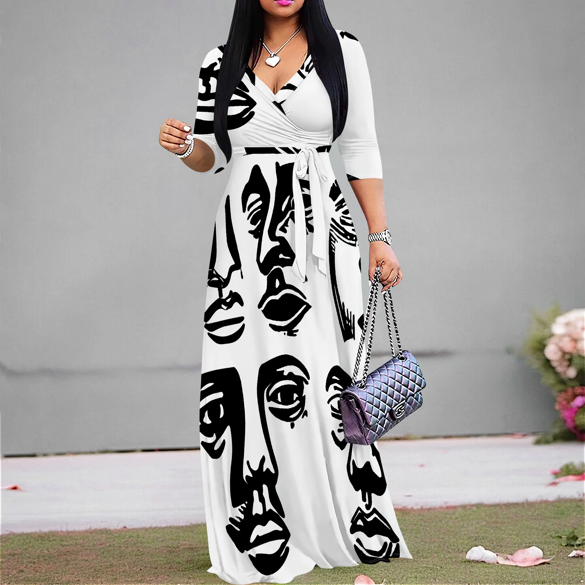 

Women's Abstract Face Print Maxi Dress Summer V-Neck 3/4 Sleeve A-Line Dress with Belt XS-3XL