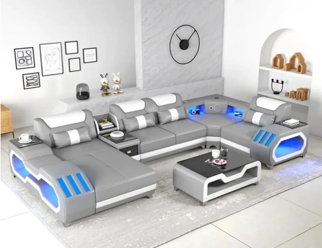 #V Modern U Shape Smart USB Leather Sofa Speakers Sectional LED Couch Storage Living Room Sofa Set