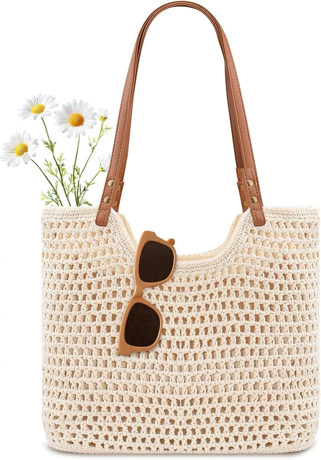 Crochet Beach Bag Purse, Boho Woven Tote with Leak-Proof Lining for Summer Vacation Travel Casual Shoulder Bag Soft