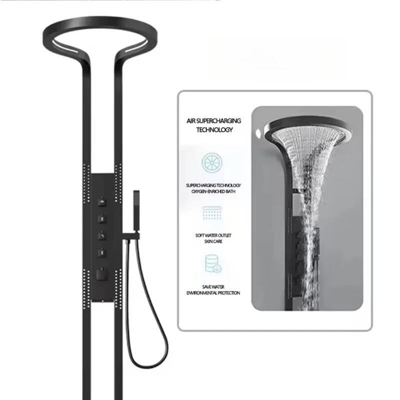 High-end rain shower head black bathtub shower mixer set wall-mounted waterfall shower set apartment panel
