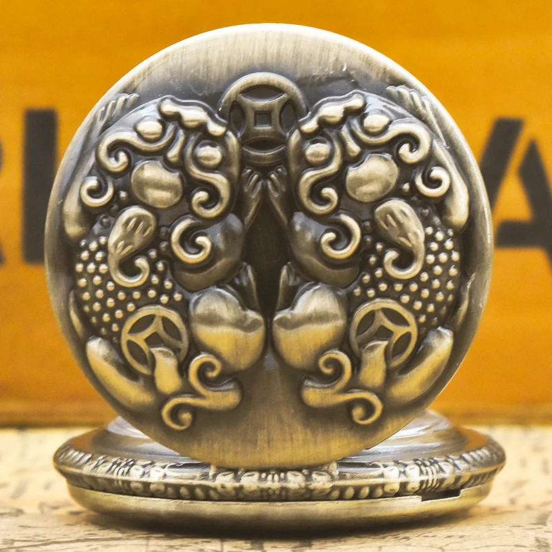Steampunk 레트로 청동 중국 신화 Pixiu 잠금 부 석영 주머니 시계 목걸이 펜던트 시계 체인 남성 여성 체인 선물