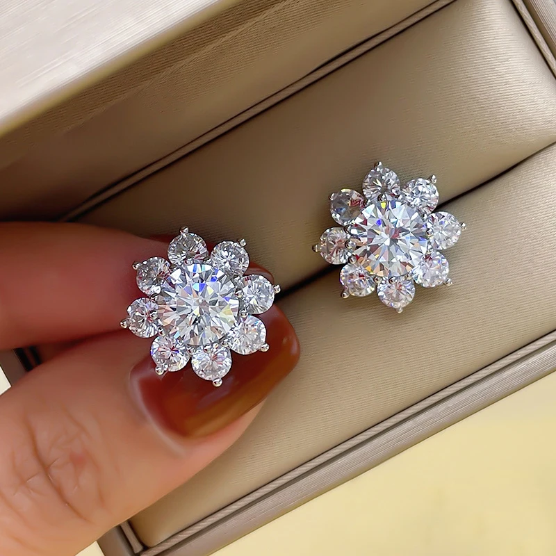 

New S925 sterling silver earrings female fashion simple personality flower 5A zircon earrings jewelry accessories