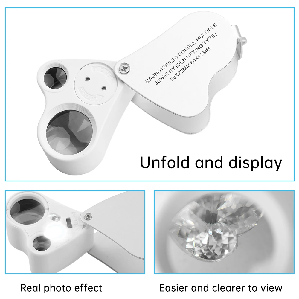Jewelry Magnifier With Lights 30X 60X Magnification Magnifying Glass Portable Reading Pocket Magnifier Magnifying Loupe