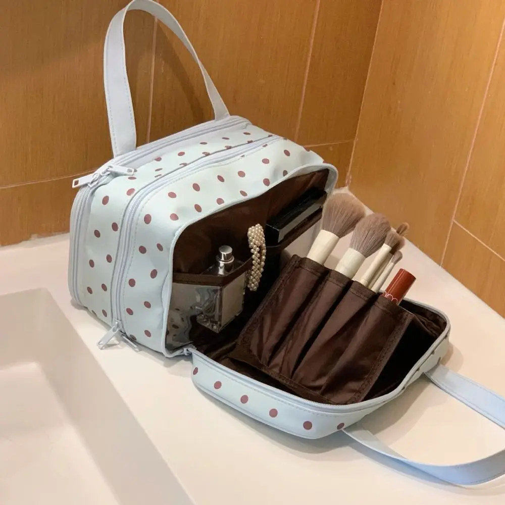Polka Dot Handheld Makeup Bag Multifunctional Three Layer Partition Toiletry Organizer Bag Waterproof Large Capacity